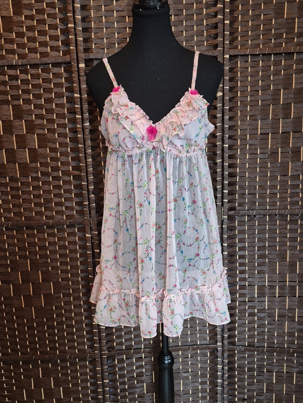 Betsey Johnson Light Pink Floral Ruffle Sleep Wear with Bright Pink Accents